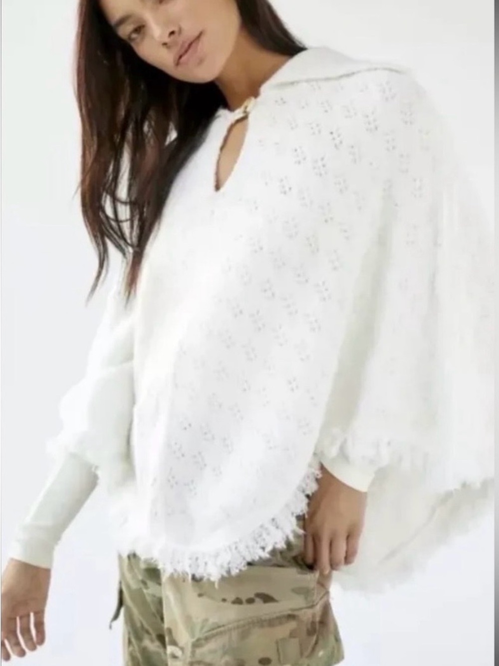 Urban Outfitters Tana White Pointelle Fringe Poncho